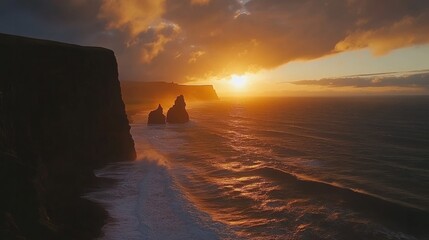 Icelandic Vik's rocky coast at sunset