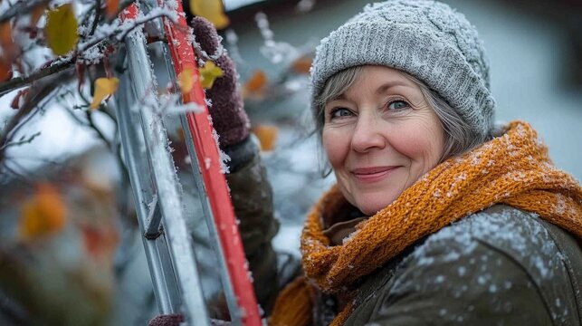 Elderly woman smiles on a snowy ladder, wearing a knit hat and scarf. - Powered by Adobe