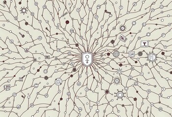 Cybersecurity Network Defense Shield Art Black & White Illustration