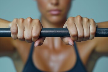 Close-up of a woman gripping a barbell, showcasing strength and focus.