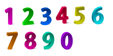 3D vector digits from one to zero. Colorful 3d school numbers vector illustration