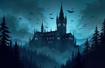Gothic cathedral stands tall in misty night landscape. Bats fly around old building in dark forest. Misty blue sky adds to eerie ambience. Silhouette of trees, building evokes mystery, haunting