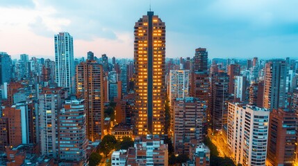 Obraz premium Peak energy capacity concept, A vibrant city skyline at dusk, showcasing high-rise buildings illuminated against a twilight sky.