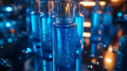Close up of test tubes filled with blue liquid, Glass test tube filled background