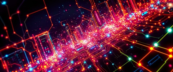Obraz premium Cyberpunk Cityscape at Night - Neon Circuit Board Design