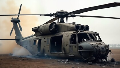 Damaged military helicopter lies on ground. Smoke rises from wreckage. Damaged rotors, fuselage evident. Accident attack scenario possible. War zone conflict zone suspected. Heavy equipment likely