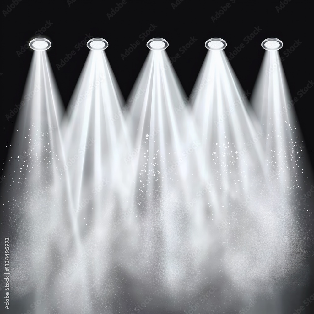 Poster spotlight effect scene. bright light beams shine on empty stage. illuminated particles, rays create 