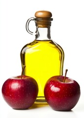 Bottle of apple cider vinegar with fresh red apples on a white background