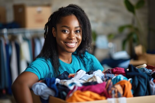 Happy young African American woman holds donation box filled with clothes. Looks directly at camera. Indoor setting. Community center charity event. Volunteerism, aid, altruism, social impact. Good