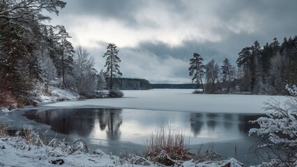 winter landscape with a frozen lake surrounded by snow-covered trees