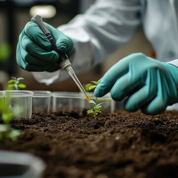 Lab tech tests soil pH level. Technician examines small plant. Testing determines plant health. Science lab setting. Possible early plant care procedure. Expert analyzes soil acidity. Research on