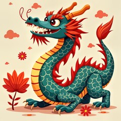 Cute cartoon Chinese dragon presented. Dragon looking up. Dragon colorful, charming. Floral elements, clouds complement design. Dragon good fortune, prosperity. Perfect image for Chinese New Year