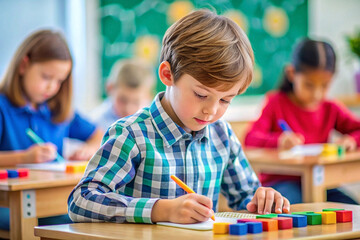 Elementary school boy diligently writing in a classroom surrounded by classmates.