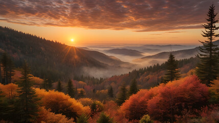 Sunrise Over Misty Autumn Mountains