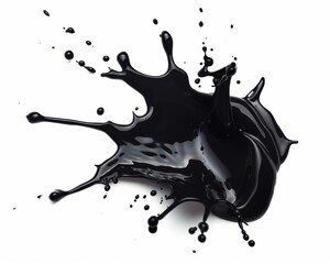 A dynamic splash of black liquid paint on a white background.