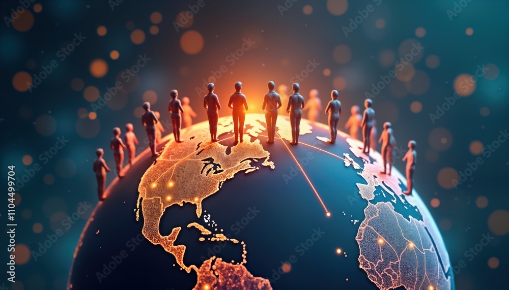 Poster global figures stand on digital globe. global tech connections symbolized. worldwide commerce unity.