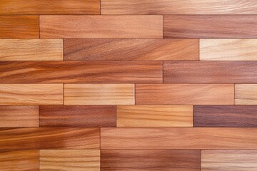 Geometric wooden plank pattern, horizontal arrangement of multi-toned wood, natural and smooth texture, rich warm tones, minimalistic and rustic design, ideal for creative backgrounds

