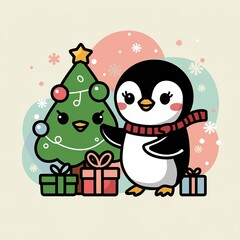Cute vector illustration of a happy holiday penguin wearing a scarf standing next to a Christmas tree and wrapped presents.