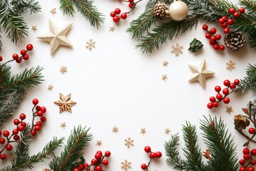 Festive and elegant Christmas background with red berries, frosted branches, and star decorations on a white surface