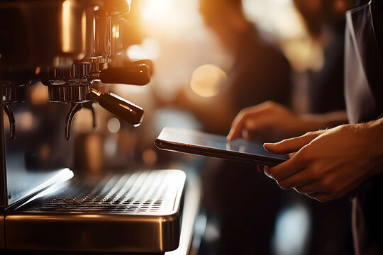 Barista using digital tablet for managing orders in a coffee shop, next to a professional coffee machine
