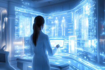 Scientist interacting with futuristic transparent computer screens displaying medical data and human body information in a high tech laboratory