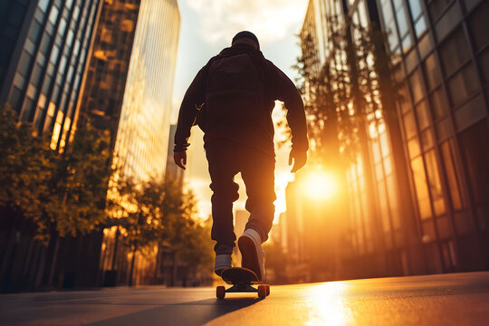 Young man skateboarding in the city at sunset, enjoying urban sports and freedom