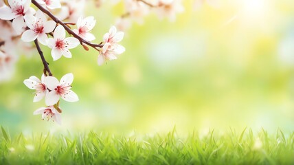 Fototapeta premium Spring Blossoms and Vibrant Green Grass: A Serene Springtime Scene