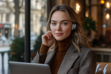 Young businesswoman wearing wireless headphones working on laptop in cafe, enjoying remote work flexibility and urban lifestyle