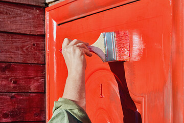 House painter uses flat paintbrush to paint front door of country house red.