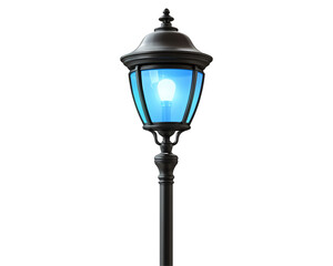 a lamp post with a blue light