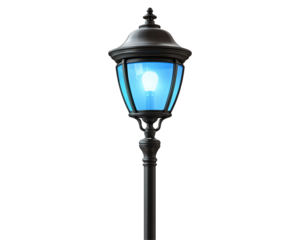 a lamp post with a blue light