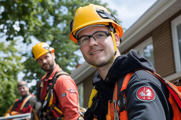 Tree surgeons wearing safety helmets and harnesses getting ready for a job involving tree climbing and maintenance