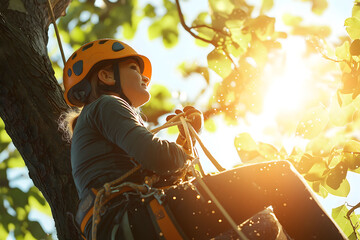 Female arborist wearing safety helmet and harness securing rope while climbing tree in bright sunlight, enjoying her challenging profession