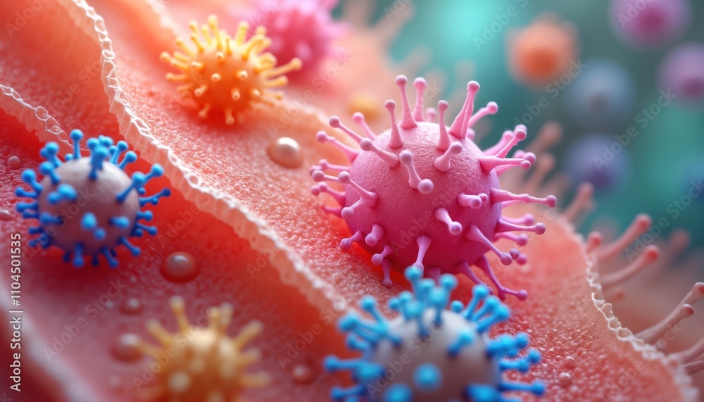 Poster microscopic view displays vibrant 3d-printed skin cells thriving on biodegradable scaffold. advanced