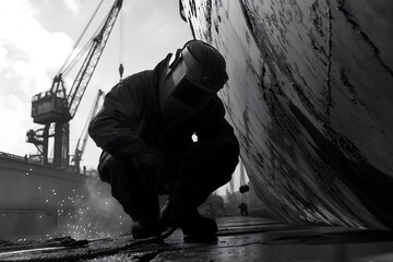 Fototapeta premium Welder wearing protective gear working on large ship hull in shipyard, with cranes and industrial equipment in background