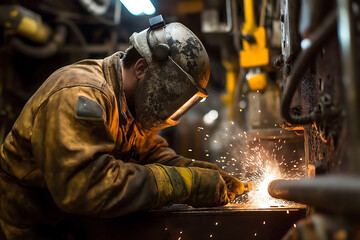 Fototapeta premium Industrial worker wearing protective gear welding metal in a factory, sparks flying, demonstrating craftsmanship and manufacturing processes