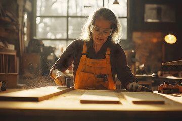Skilled craftswoman using power sander on wood, creating sawdust in sunlit workshop