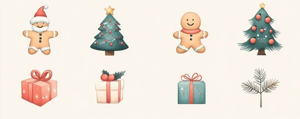 Festive Christmas-themed  icon set with gingerbread people, decorated Christmas tree, gifts and candy
