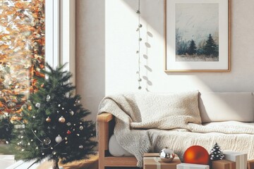 vintage christmas decor, simple christmas dcor vintage ornaments and fairy lights on a cozy knitted throw in a warm-toned room