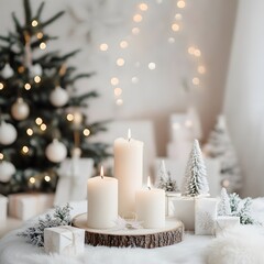 Festive atmosphere in a white minimalist room, background with elements of candles, garlands, Christmas tree