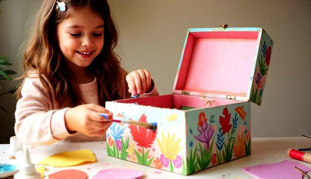 Young girl with a joyful expression painting a music box on a colorful background, decoupage casket