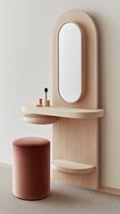 An elegant wooden dressing table featuring an illuminated mirror and a stylish gray backdrop, perfect for makeup and hair accessories.
