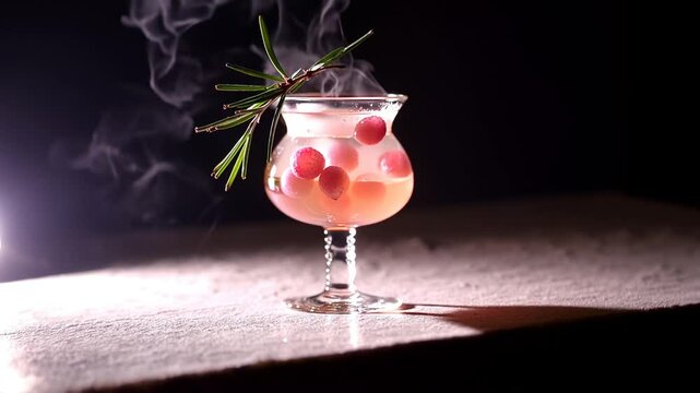 Stylish cocktail with lychee and herbs on a dark background with fog, lychee martini