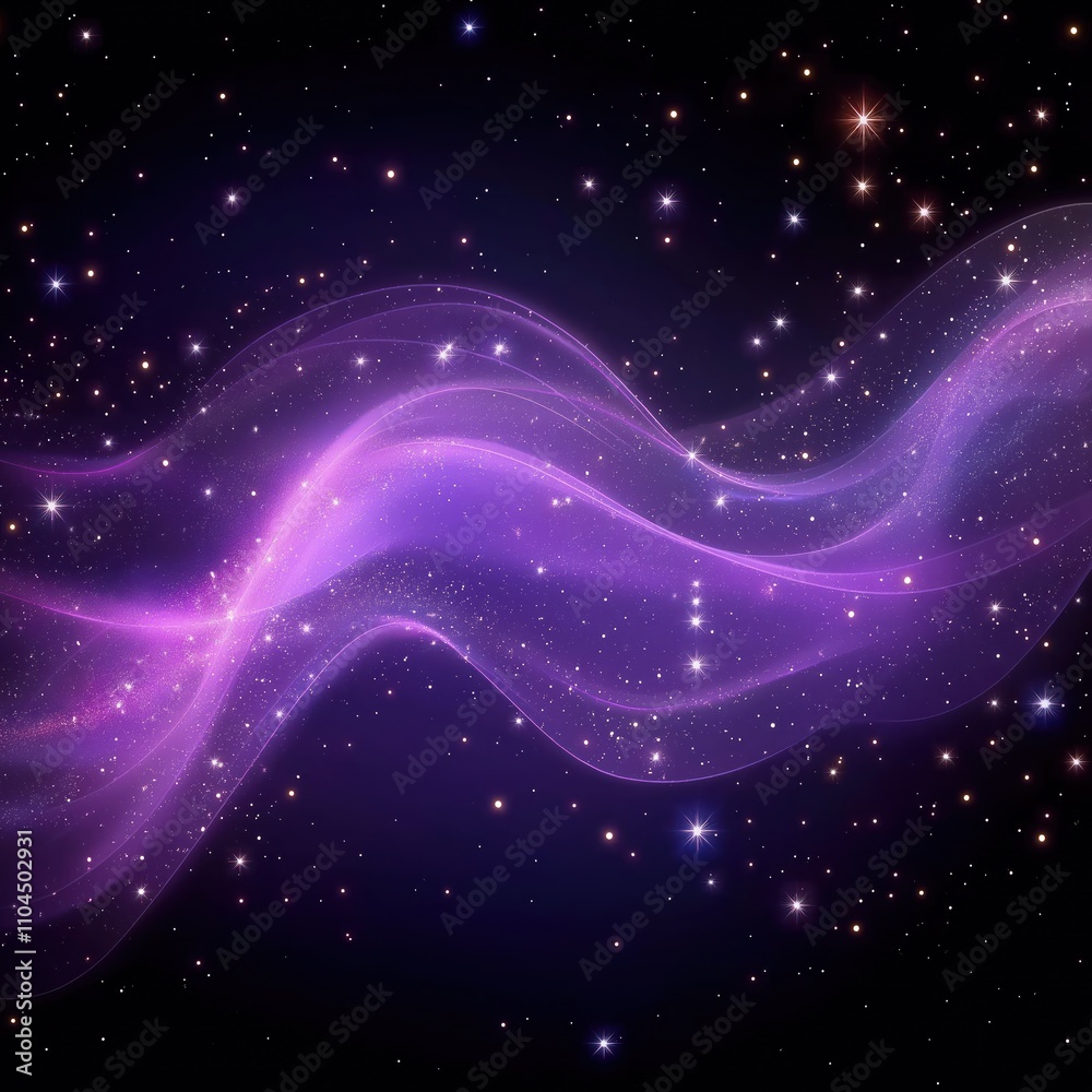 Poster purple abstract design with glowing waves, stars. dynamic swirling pattern. stylish, bright. suitabl