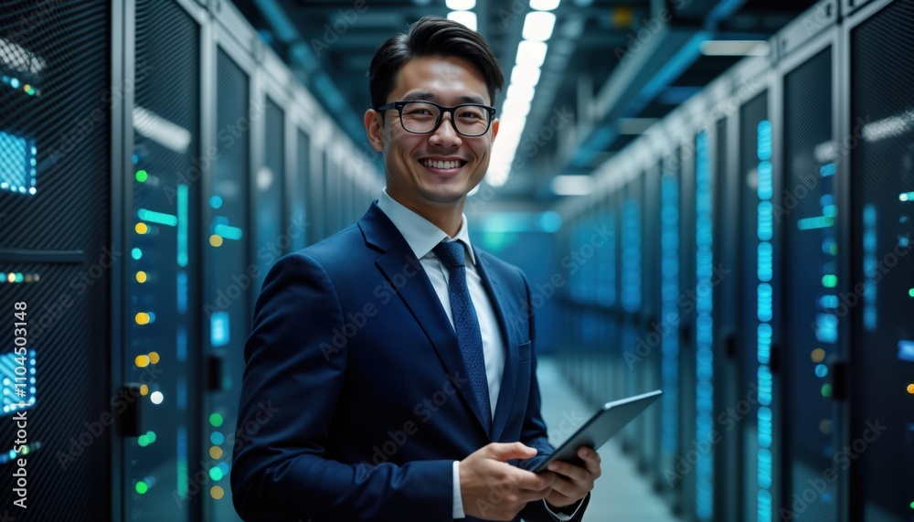 Leinwandbilder asian tech specialist in suit holds tablet in server room. modern server racks background. expert ma