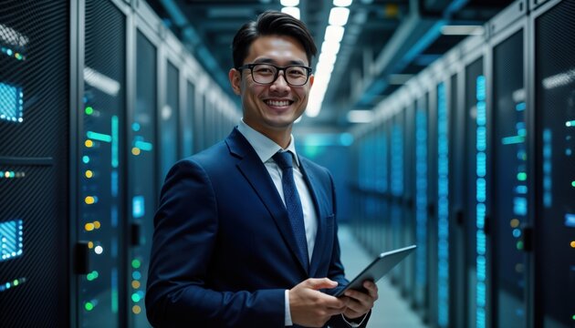 Asian tech specialist in suit holds tablet in server room. Modern server racks background. Expert manages data cloud protection in cyber security concept. Pro portrait of system engineer. AI