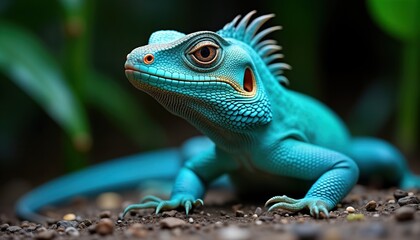 Fototapeta premium Vibrant turquoise lizard closeup in tropical environment. Exotic reptile with vivid blue scales resting on ground. Detailed view of lizard body, scales. Lizard looks alert, observant. Tropical