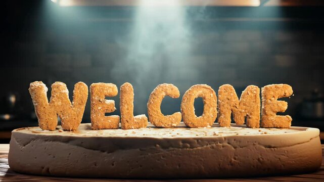 The word "welcome" is written in cookie dough. The dough is shaped into letters and placed on a table