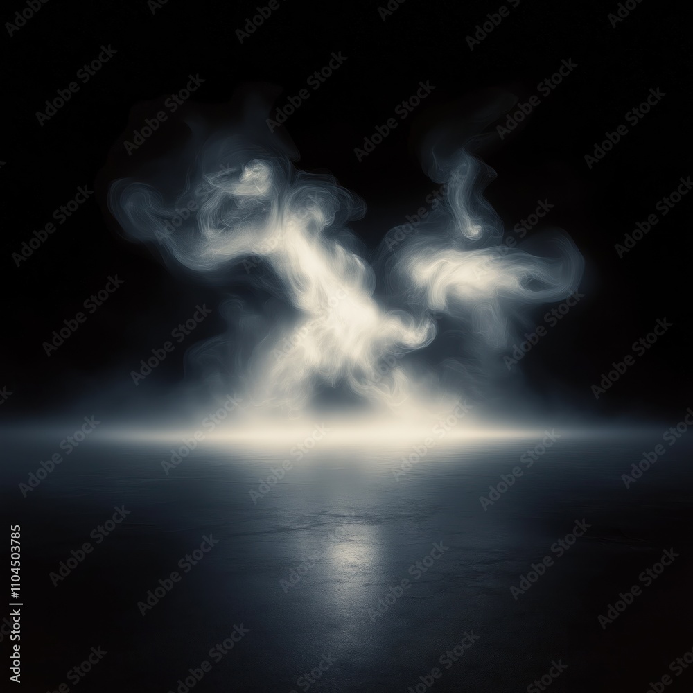 Poster mystical fog swirls on dark floor. light illuminates ethereal mist. abstract shapes create fluid dan
