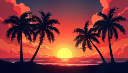 Sunset beach scene with palm trees. Vibrant sunset colors over calm ocean water. Silhouettes of palm trees line shoreline. Perfect for summer or vacation themes. Relaxing and tranquil atmosphere.